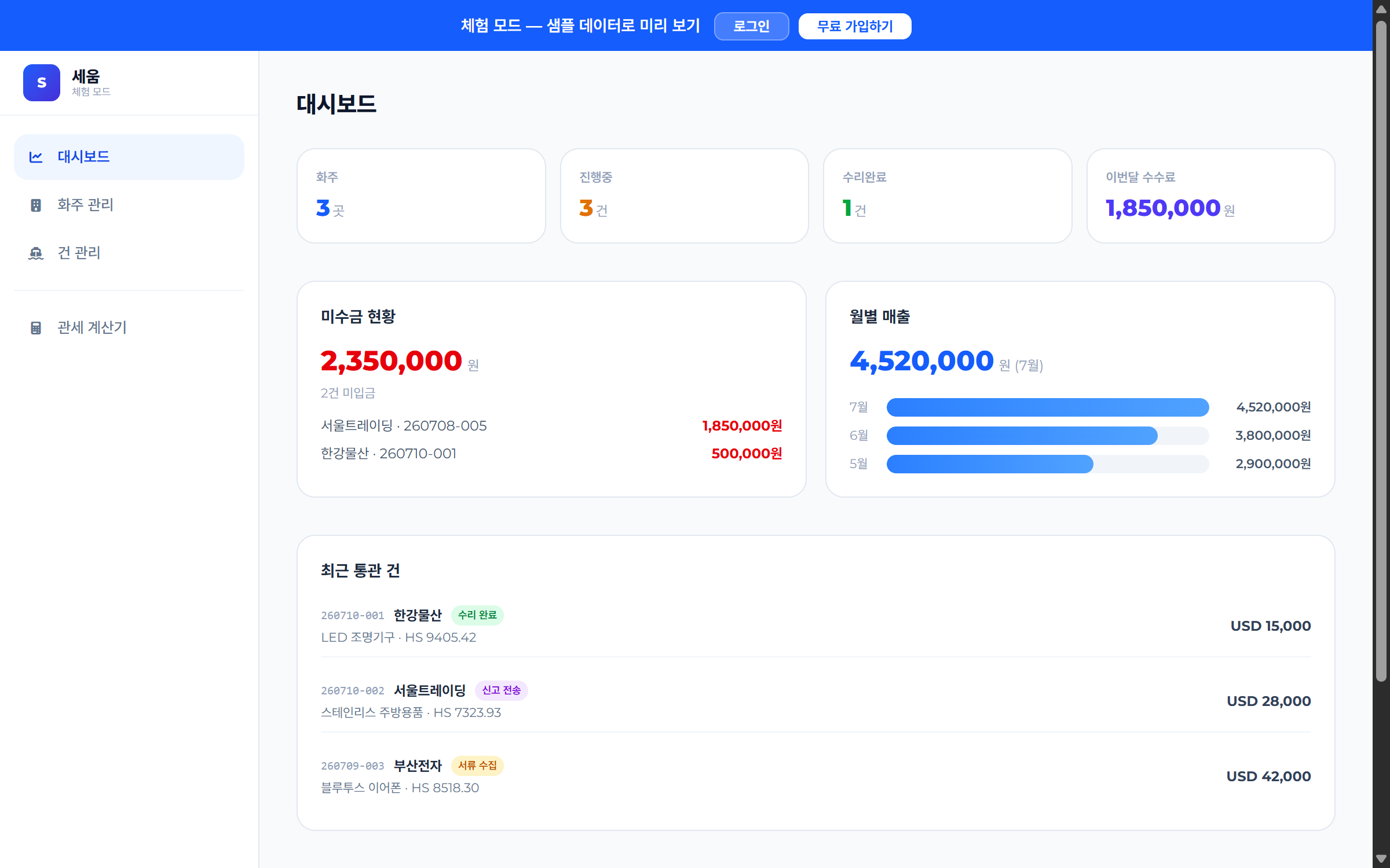 세움 대시보드 — 화주 3곳, 진행중 3건, 미수금 현황, 월별 매출 차트
